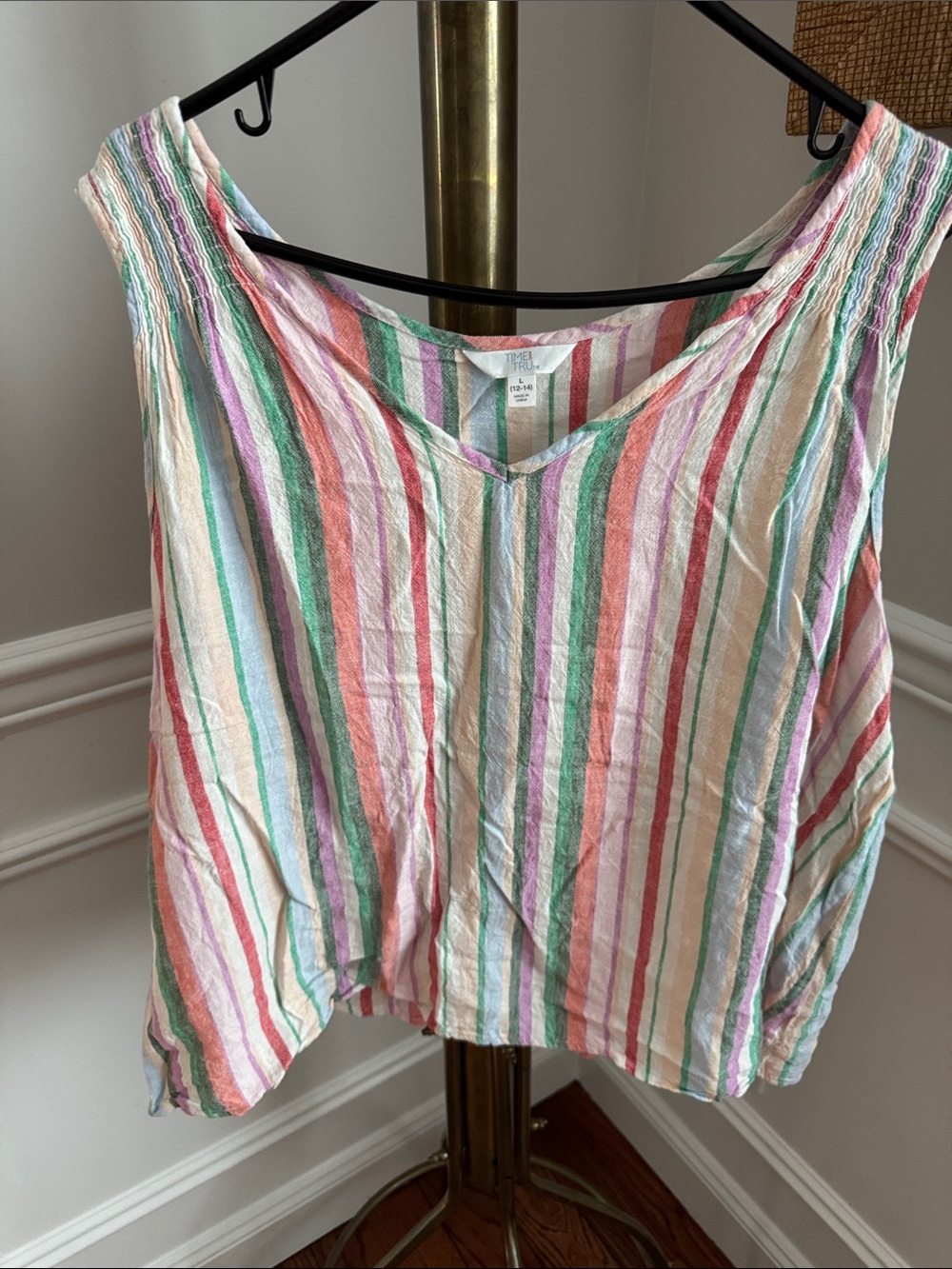 Time and Tru Multicolor Striped V-Neck Tank Top - Pink Green Blue Purple Cream